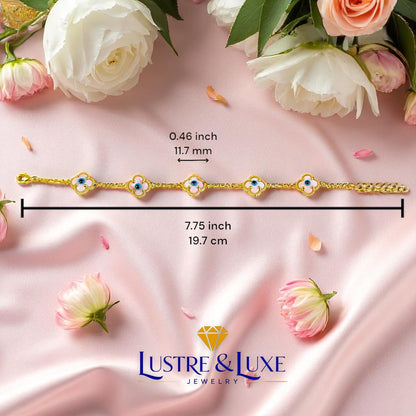 Clover Bracelet - Solid 925 Sterling Silver, 14K Vermeil Gold Plated, Evil Eye, Double Side Handcrafted Unique Glass Artwork , Adjustable Link, Comes in a Beautiful Gift Box, Perfect for Birthdays, Anniversaries, Valentine’s Day, or Mother’s Day.