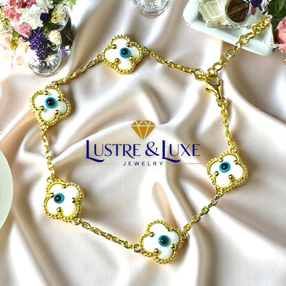 Clover Bracelet - Solid 925 Sterling Silver, 14K Vermeil Gold Plated, Evil Eye, Double Side Handcrafted Unique Glass Artwork , Adjustable Link, Comes in a Beautiful Gift Box, Perfect for Birthdays, Anniversaries, Valentine’s Day, or Mother’s Day.