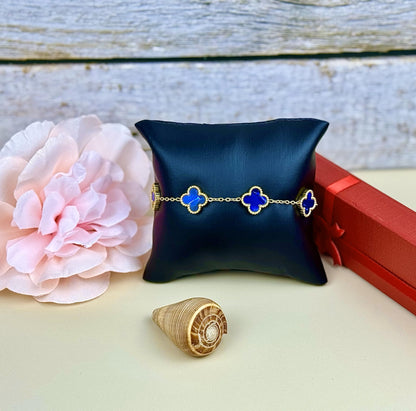 Four Leaf Lucky Clover Bracelet for Women, 18K Gold Plated Stainless Steel, Double Side Unique Mother Pearl Colors, Adjustable Link, Free Valentines Gift Box, Great Gift For Her.