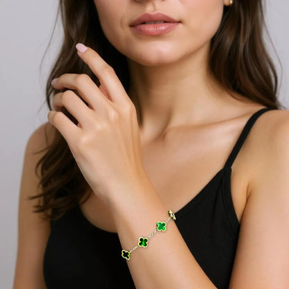 Four Leaf Lucky Clover Bracelet for Women, 18K Gold Plated Stainless Steel, Double Side Unique Mother Pearl Colors, Adjustable Link, Free Valentines Gift Box, Great Gift For Her.