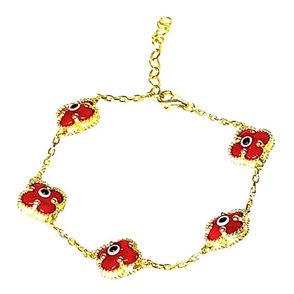 Clover Bracelet - Solid 925 Sterling Silver, 14K Vermeil Gold Plated, Evil Eye, Double Side Handcrafted Unique Glass Artwork , Adjustable Link, Comes in a Beautiful Gift Box, Perfect for Birthdays, Anniversaries, Valentine’s Day, or Mother’s Day.