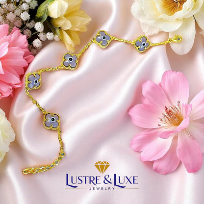 Clover Bracelet - Solid 925 Sterling Silver, 14K Vermeil Gold Plated, Evil Eye, Double Side Handcrafted Unique Glass Artwork , Adjustable Link, Comes in a Beautiful Gift Box, Perfect for Birthdays, Anniversaries, Valentine’s Day, or Mother’s Day.