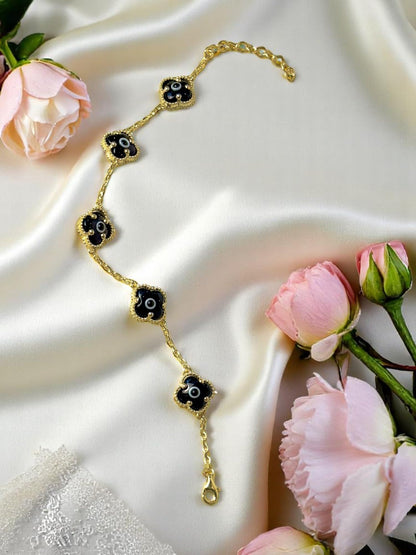 Clover Bracelet - Solid 925 Sterling Silver, 14K Vermeil Gold Plated, Evil Eye, Double Side Handcrafted Unique Glass Artwork , Adjustable Link, Comes in a Beautiful Gift Box, Perfect for Birthdays, Anniversaries, Valentine’s Day, or Mother’s Day.