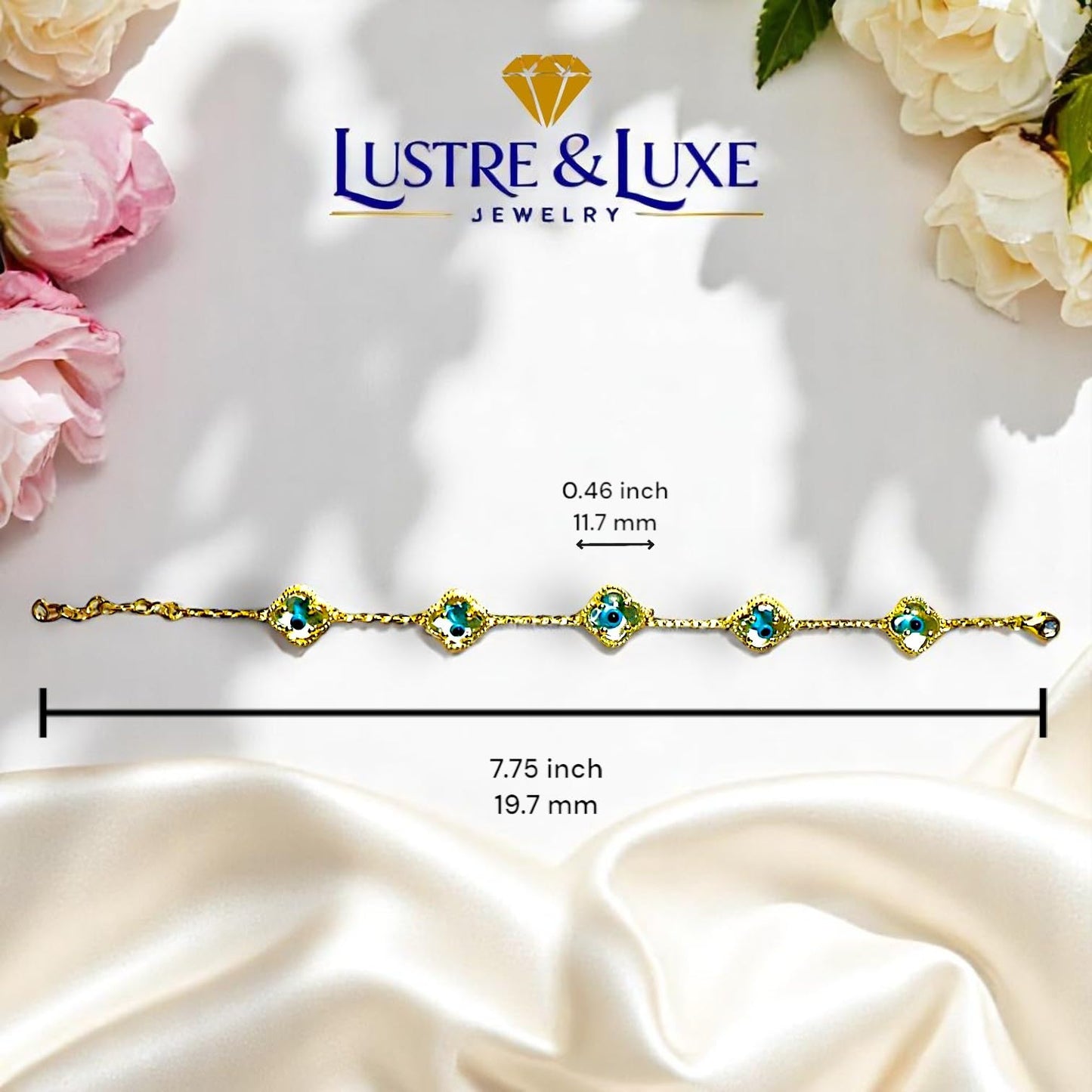 Clover Bracelet - Solid 925 Sterling Silver, 14K Vermeil Gold Plated, Evil Eye, Double Side Handcrafted Unique Glass Artwork , Adjustable Link, Comes in a Beautiful Gift Box, Perfect for Birthdays, Anniversaries, Valentine’s Day, or Mother’s Day.