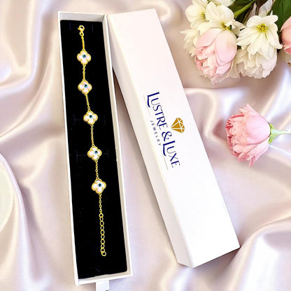 Clover Bracelet - Solid 925 Sterling Silver, 14K Vermeil Gold Plated, Evil Eye, Double Side Handcrafted Unique Glass Artwork , Adjustable Link, Comes in a Beautiful Gift Box, Perfect for Birthdays, Anniversaries, Valentine’s Day, or Mother’s Day.