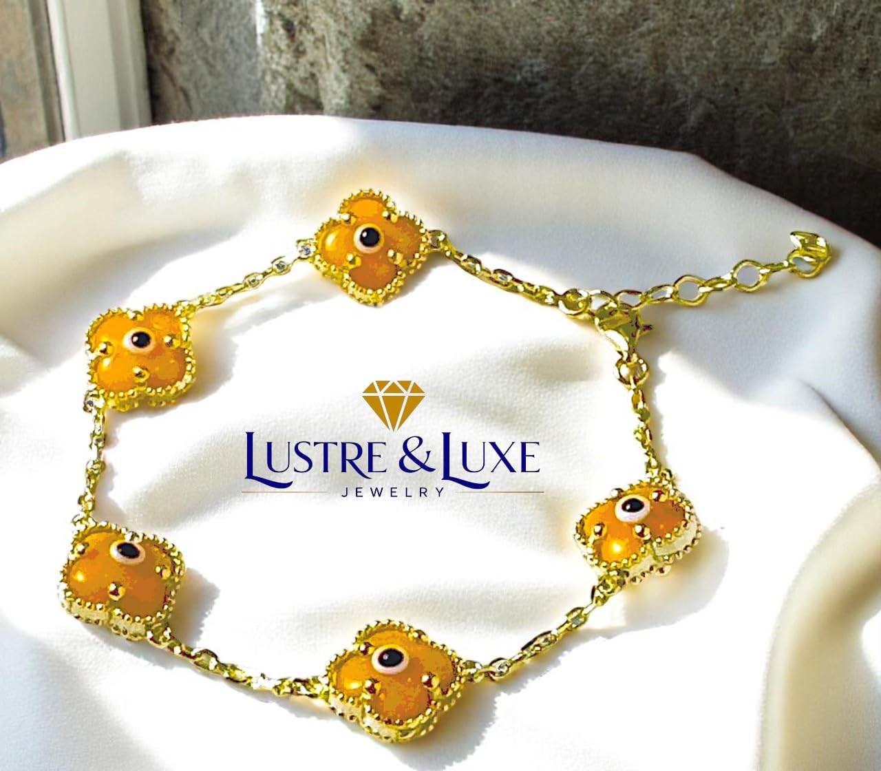 Clover Bracelet - Solid 925 Sterling Silver, 14K Vermeil Gold Plated, Evil Eye, Double Side Handcrafted Unique Glass Artwork , Adjustable Link, Comes in a Beautiful Gift Box, Perfect for Birthdays, Anniversaries, Valentine’s Day, or Mother’s Day.
