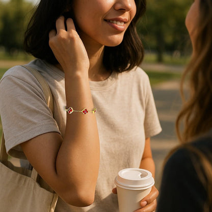 Clover Bracelet - Solid 925 Sterling Silver, 14K Vermeil Gold Plated, Evil Eye, Double Side Handcrafted Unique Glass Artwork , Adjustable Link, Comes in a Beautiful Gift Box, Perfect for Birthdays, Anniversaries, Valentine’s Day, or Mother’s Day.