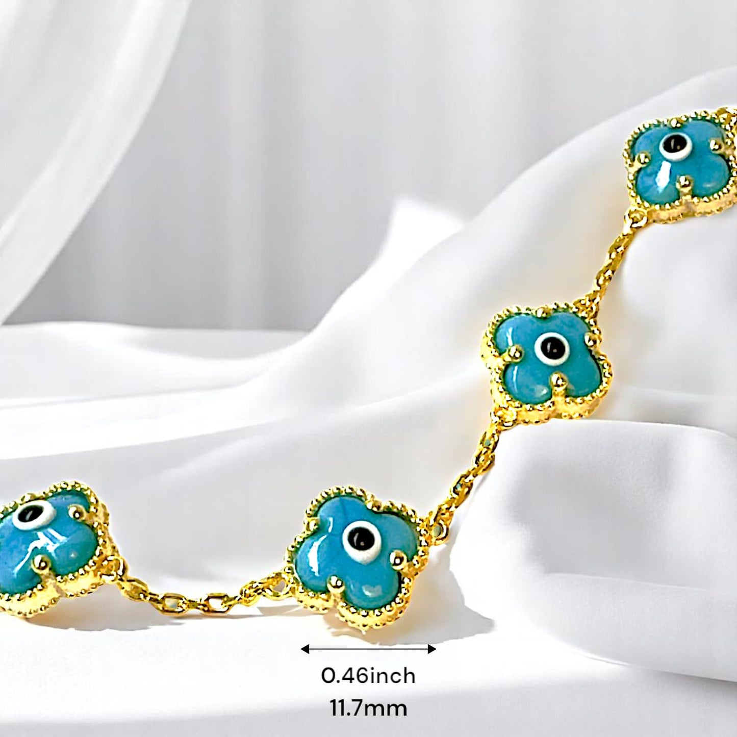 Clover Bracelet - Solid 925 Sterling Silver, 14K Vermeil Gold Plated, Evil Eye, Double Side Handcrafted Unique Glass Artwork , Adjustable Link, Comes in a Beautiful Gift Box, Perfect for Birthdays, Anniversaries, Valentine’s Day, or Mother’s Day.