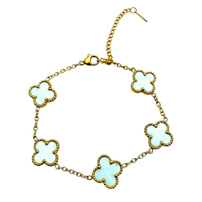 Four Leaf Lucky Clover Bracelet for Women, 18K Gold Plated Stainless Steel, Double Side Unique Mother Pearl Colors, Adjustable Link, Free Valentines Gift Box, Great Gift For Her.