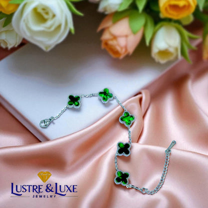 Four Leaf Clover Bracelet for Women – White Gold Plated 316L Stainless Steel, Double-Sided Mother of Pearl, Adjustable Lucky Charm Link Bracelet, Elegant Jewelry Gift for Her, Comes with gift Box.