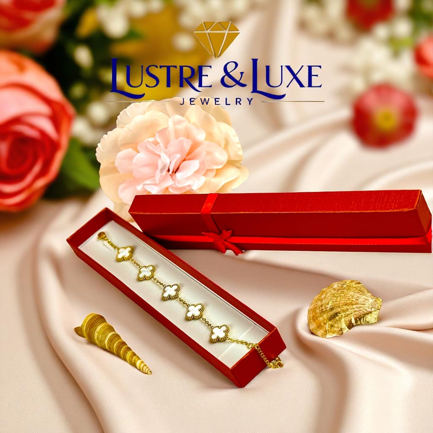 Four Leaf Lucky Clover Bracelet for Women, 18K Gold Plated Stainless Steel, Double Side Unique Mother Pearl Colors, Adjustable Link, Free Valentines Gift Box, Great Gift For Her.