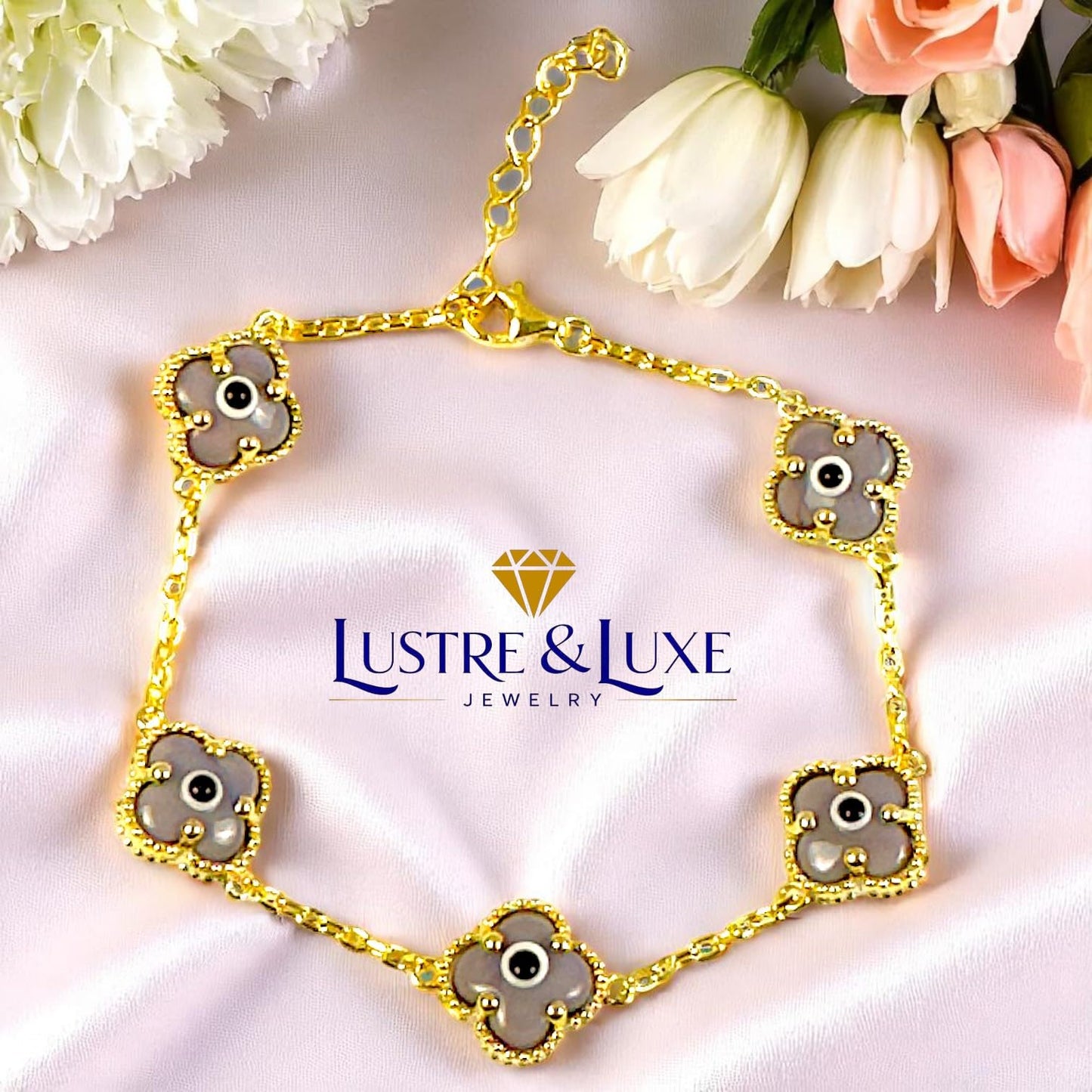 Clover Bracelet - Solid 925 Sterling Silver, 14K Vermeil Gold Plated, Evil Eye, Double Side Handcrafted Unique Glass Artwork , Adjustable Link, Comes in a Beautiful Gift Box, Perfect for Birthdays, Anniversaries, Valentine’s Day, or Mother’s Day.