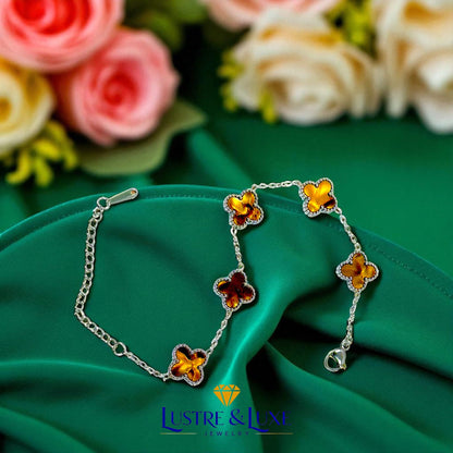 Four Leaf Clover Bracelet for Women – White Gold Plated 316L Stainless Steel, Double-Sided Mother of Pearl, Adjustable Lucky Charm Link Bracelet, Elegant Jewelry Gift for Her, Comes with gift Box.