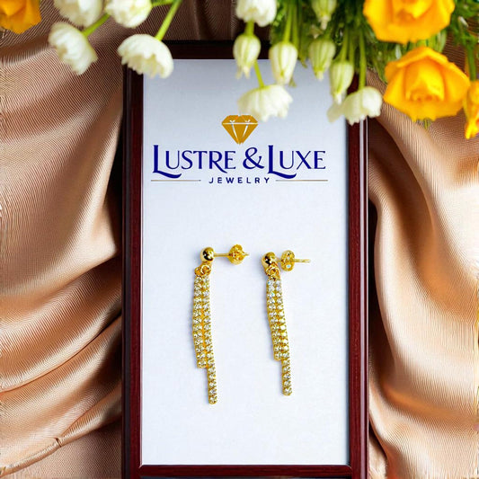 14K Solid Gold Dangle Earrings for Women – Cubic Zirconia Double Strand, 1.5" & 1" Drop, Sparkling Lightweight Stud, Elegant Gift for Her, Fine Jewelry
