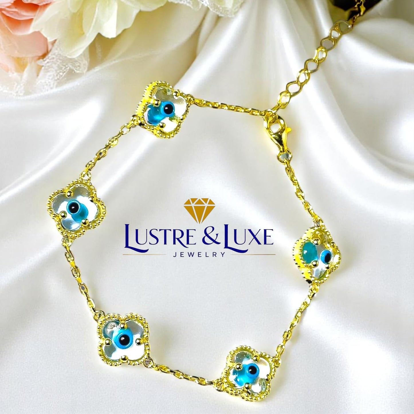 Clover Bracelet - Solid 925 Sterling Silver, 14K Vermeil Gold Plated, Evil Eye, Double Side Handcrafted Unique Glass Artwork , Adjustable Link, Comes in a Beautiful Gift Box, Perfect for Birthdays, Anniversaries, Valentine’s Day, or Mother’s Day.