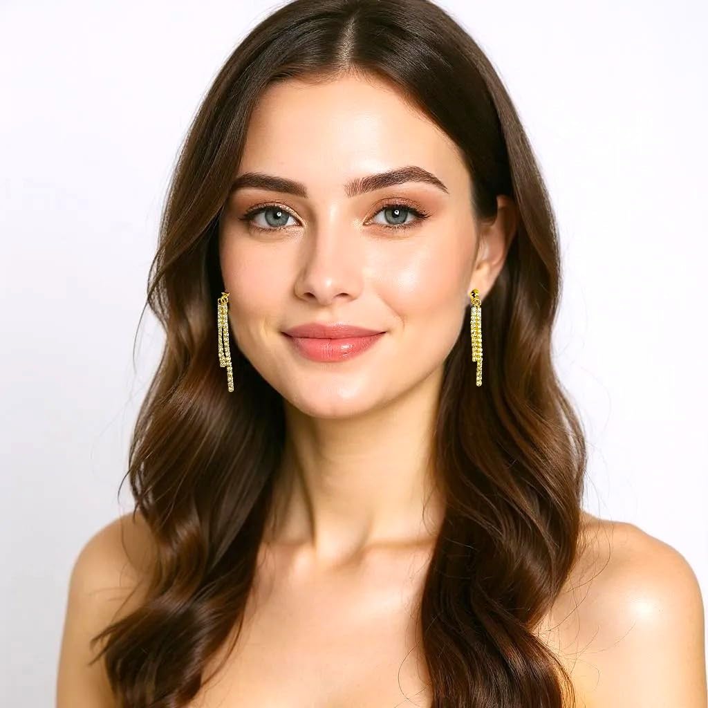 14K Solid Gold Dangle Earrings for Women – Cubic Zirconia Double Strand, 1.5" & 1" Drop, Sparkling Lightweight Stud, Elegant Gift for Her, Fine Jewelry