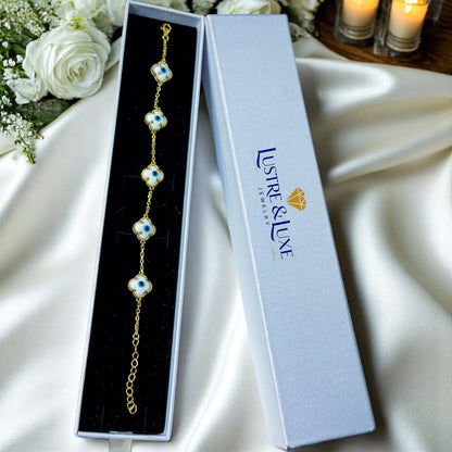 Clover Bracelet - Solid 925 Sterling Silver, 14K Vermeil Gold Plated, Evil Eye, Double Side Handcrafted Unique Glass Artwork , Adjustable Link, Comes in a Beautiful Gift Box, Perfect for Birthdays, Anniversaries, Valentine’s Day, or Mother’s Day.