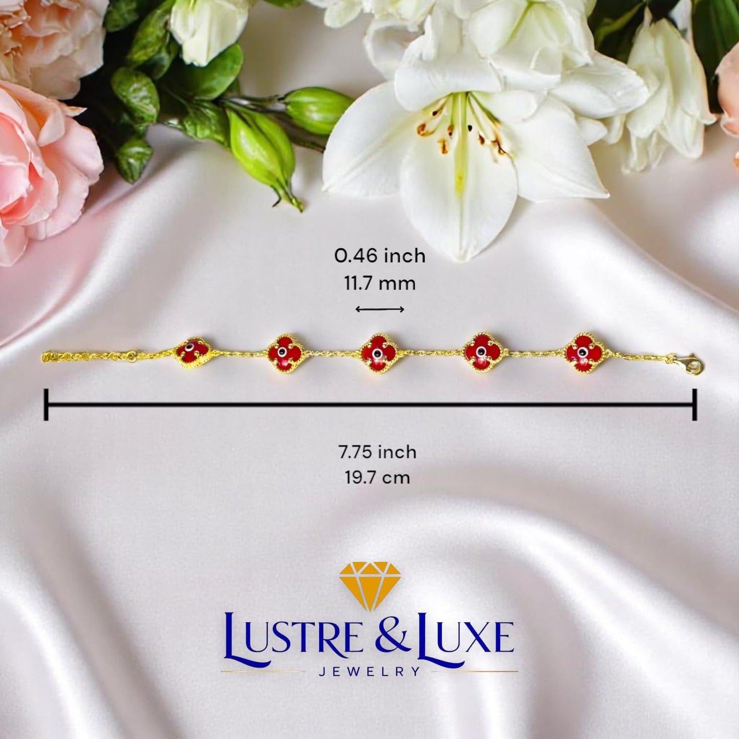 Clover Bracelet - Solid 925 Sterling Silver, 14K Vermeil Gold Plated, Evil Eye, Double Side Handcrafted Unique Glass Artwork , Adjustable Link, Comes in a Beautiful Gift Box, Perfect for Birthdays, Anniversaries, Valentine’s Day, or Mother’s Day.