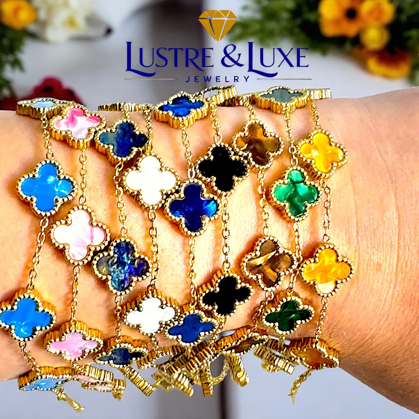 Four Leaf Lucky Clover Bracelet for Women, 18K Gold Plated Stainless Steel, Double Side Unique Mother Pearl Colors, Adjustable Link, Free Valentines Gift Box, Great Gift For Her.