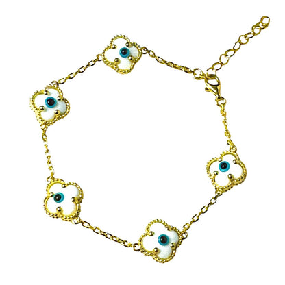 Clover Bracelet - Solid 925 Sterling Silver, 14K Vermeil Gold Plated, Evil Eye, Double Side Handcrafted Unique Glass Artwork , Adjustable Link, Comes in a Beautiful Gift Box, Perfect for Birthdays, Anniversaries, Valentine’s Day, or Mother’s Day.