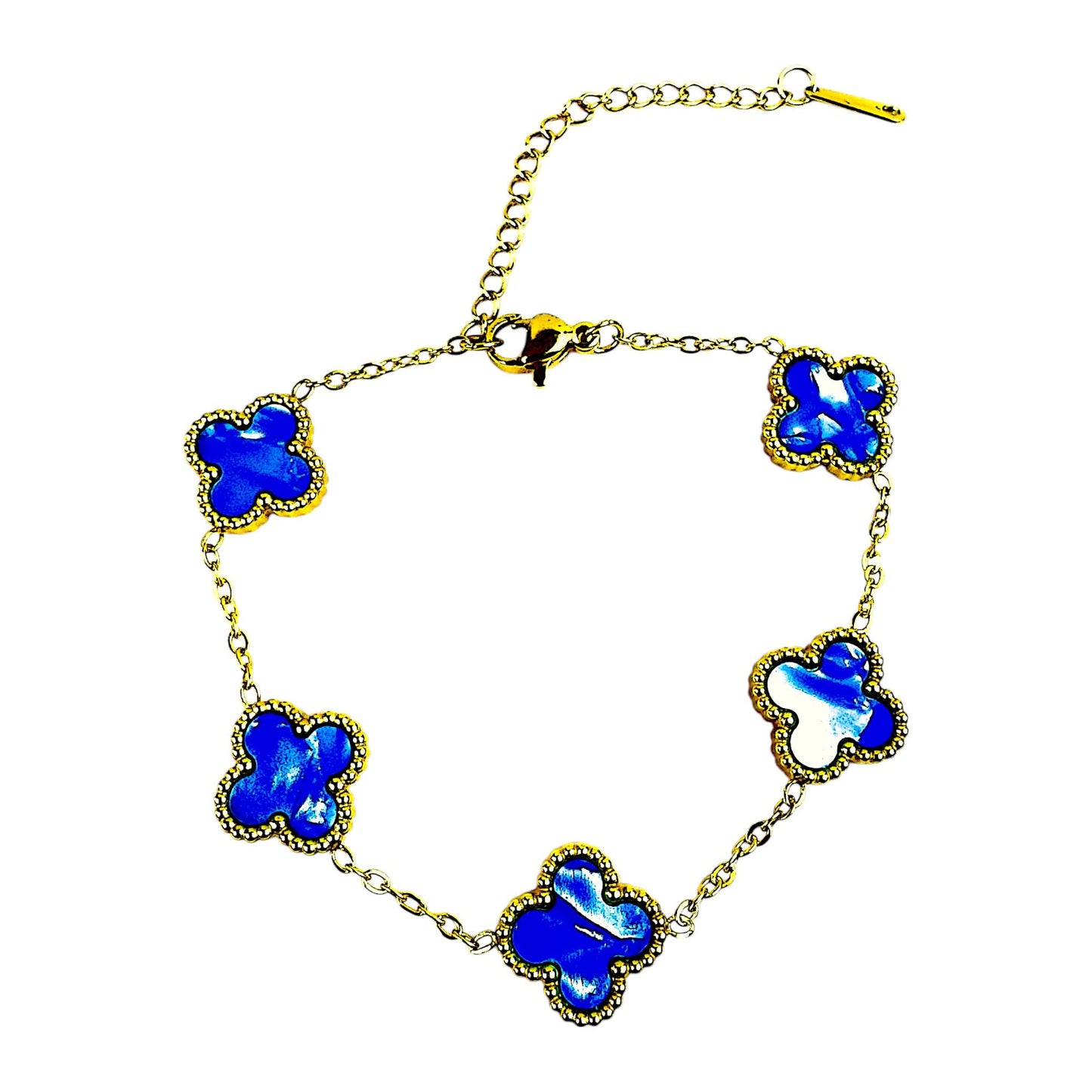 Four Leaf Lucky Clover Bracelet for Women, 18K Gold Plated Stainless Steel, Double Side Unique Mother Pearl Colors, Adjustable Link, Free Valentines Gift Box, Great Gift For Her.