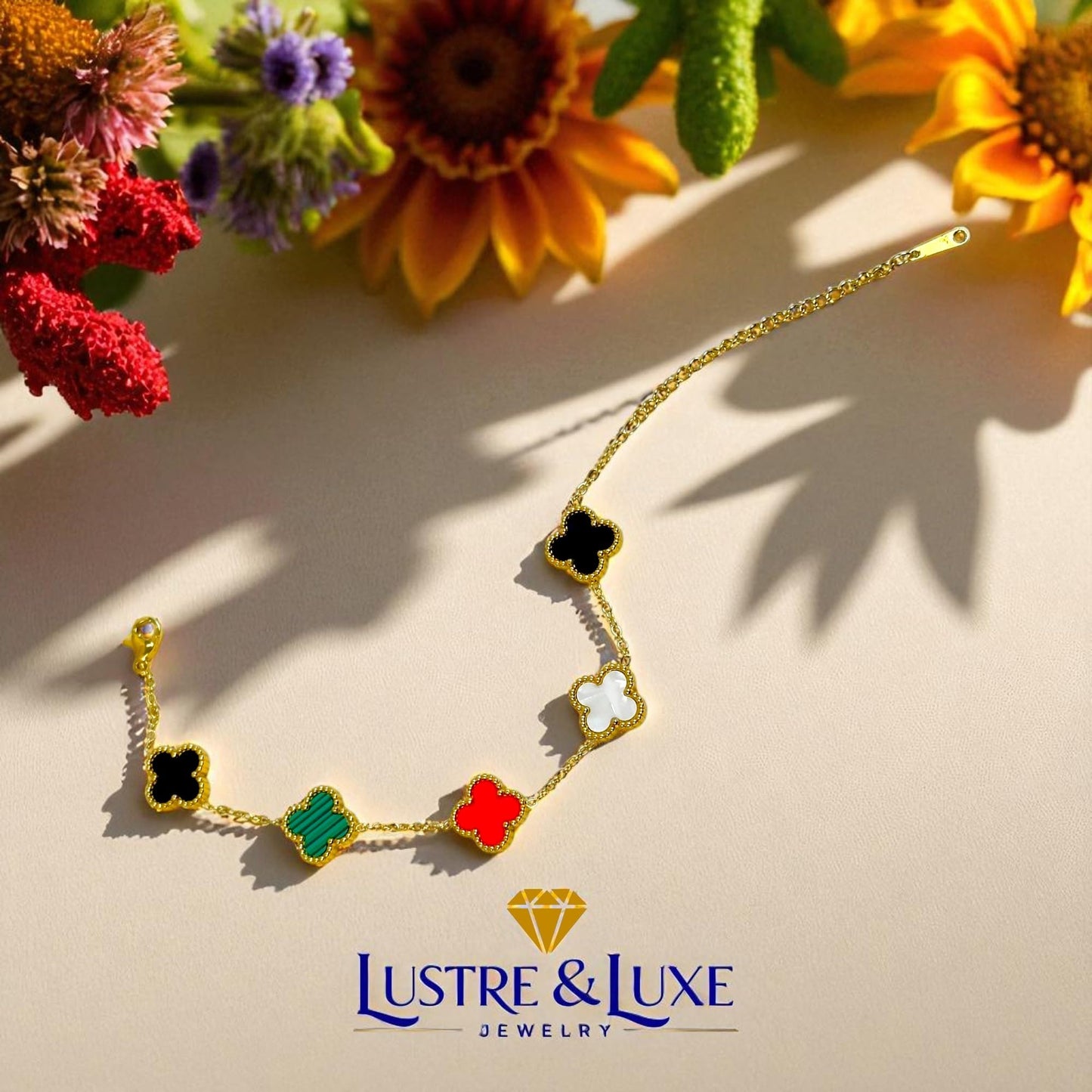 Four Leaf Clover Bracelet for Women – 18K Gold Plated 316L Stainless Steel, Double-Sided Mother of Pearl, Adjustable Lucky Charm Link Bracelet, Elegant Jewelry Gift for Her, Comes with gift Box.