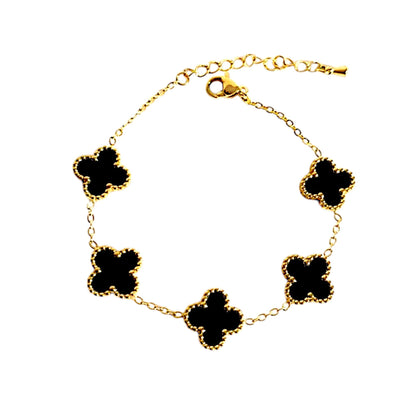 Four Leaf Lucky Clover Bracelet for Women, 18K Gold Plated Stainless Steel, Double Side Unique Mother Pearl Colors, Adjustable Link, Free Valentines Gift Box, Great Gift For Her.