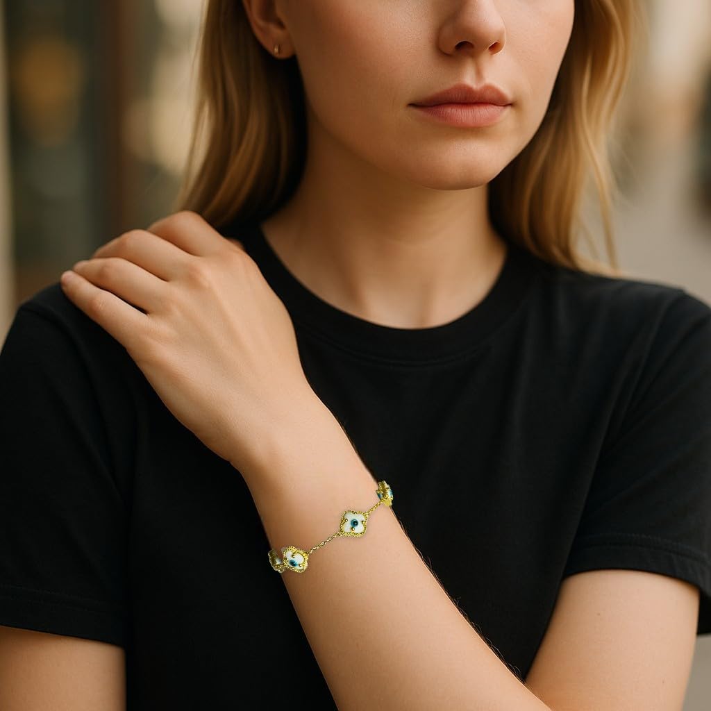 Clover Bracelet - Solid 925 Sterling Silver, 14K Vermeil Gold Plated, Evil Eye, Double Side Handcrafted Unique Glass Artwork , Adjustable Link, Comes in a Beautiful Gift Box, Perfect for Birthdays, Anniversaries, Valentine’s Day, or Mother’s Day.