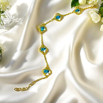 Clover Bracelet - Solid 925 Sterling Silver, 14K Vermeil Gold Plated, Evil Eye, Double Side Handcrafted Unique Glass Artwork , Adjustable Link, Comes in a Beautiful Gift Box, Perfect for Birthdays, Anniversaries, Valentine’s Day, or Mother’s Day.