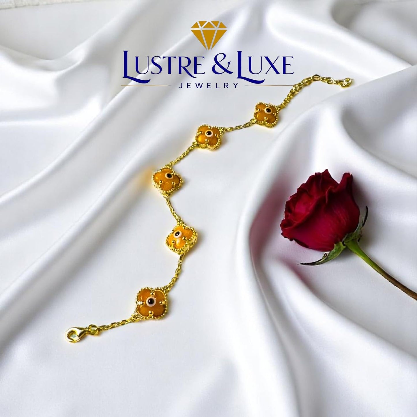 Clover Bracelet - Solid 925 Sterling Silver, 14K Vermeil Gold Plated, Evil Eye, Double Side Handcrafted Unique Glass Artwork , Adjustable Link, Comes in a Beautiful Gift Box, Perfect for Birthdays, Anniversaries, Valentine’s Day, or Mother’s Day.