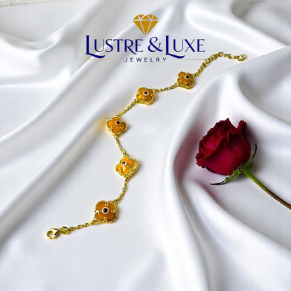 Clover Bracelet - Solid 925 Sterling Silver, 14K Vermeil Gold Plated, Evil Eye, Double Side Handcrafted Unique Glass Artwork , Adjustable Link, Comes in a Beautiful Gift Box, Perfect for Birthdays, Anniversaries, Valentine’s Day, or Mother’s Day.