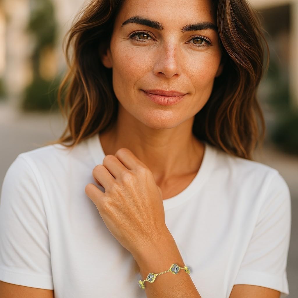 Clover Bracelet - Solid 925 Sterling Silver, 14K Vermeil Gold Plated, Evil Eye, Double Side Handcrafted Unique Glass Artwork , Adjustable Link, Comes in a Beautiful Gift Box, Perfect for Birthdays, Anniversaries, Valentine’s Day, or Mother’s Day.