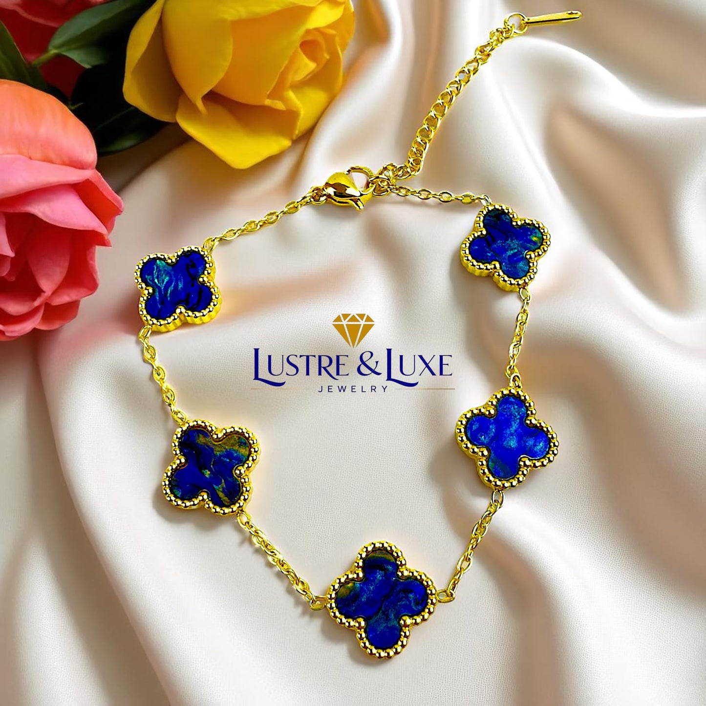 Four Leaf Lucky Clover Bracelet for Women, 18K Gold Plated Stainless Steel, Double Side Unique Mother Pearl Colors, Adjustable Link, Free Valentines Gift Box, Great Gift For Her.