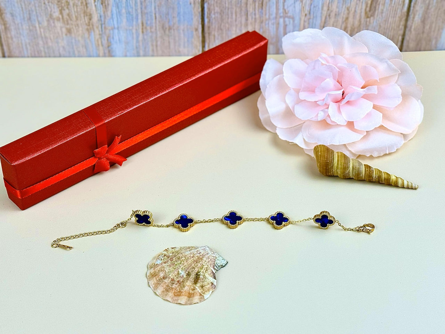 Four Leaf Lucky Clover Bracelet for Women, 18K Gold Plated Stainless Steel, Double Side Unique Mother Pearl Colors, Adjustable Link, Free Valentines Gift Box, Great Gift For Her.