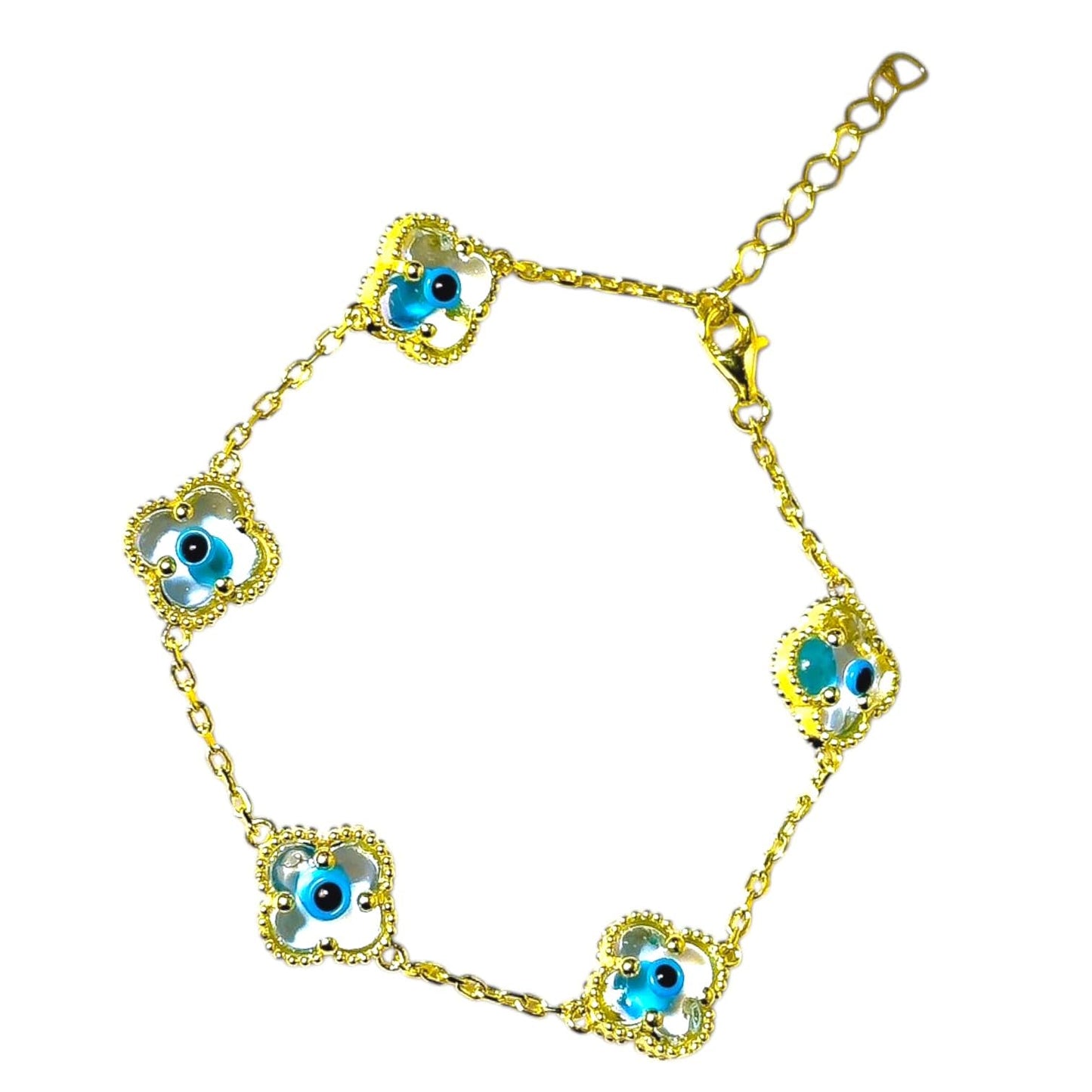 Clover Bracelet - Solid 925 Sterling Silver, 14K Vermeil Gold Plated, Evil Eye, Double Side Handcrafted Unique Glass Artwork , Adjustable Link, Comes in a Beautiful Gift Box, Perfect for Birthdays, Anniversaries, Valentine’s Day, or Mother’s Day.