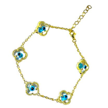 Clover Bracelet - Solid 925 Sterling Silver, 14K Vermeil Gold Plated, Evil Eye, Double Side Handcrafted Unique Glass Artwork , Adjustable Link, Comes in a Beautiful Gift Box, Perfect for Birthdays, Anniversaries, Valentine’s Day, or Mother’s Day.