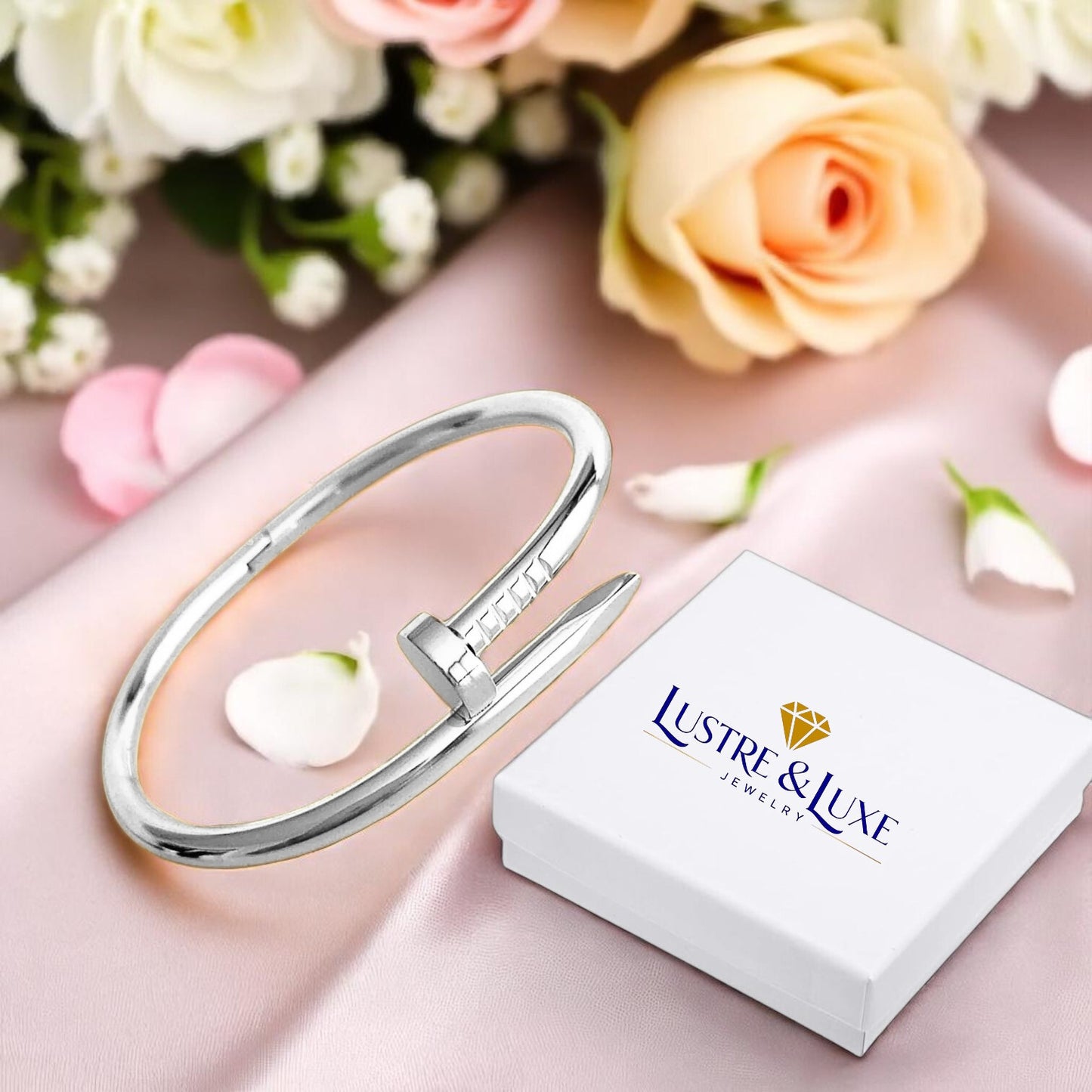 Nail Bangle Bracelet – 18K White Gold Plated, 316L Stainless Steel, Modern Minimalist Jewelry for Women
