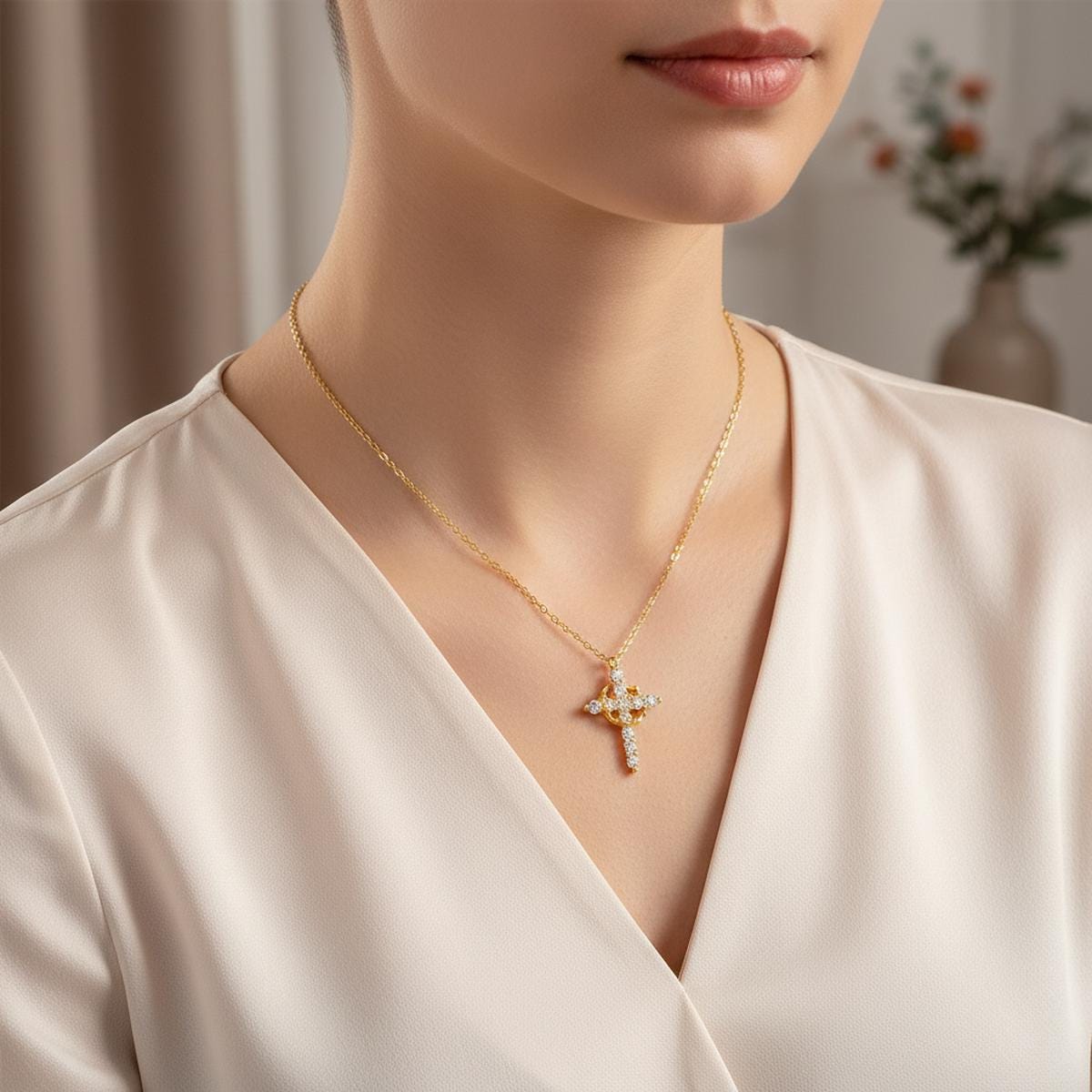 Cubic Zirconia Cross Necklace, Gold Silver Christian Pendant, Faith Jewelry Gift for Her
