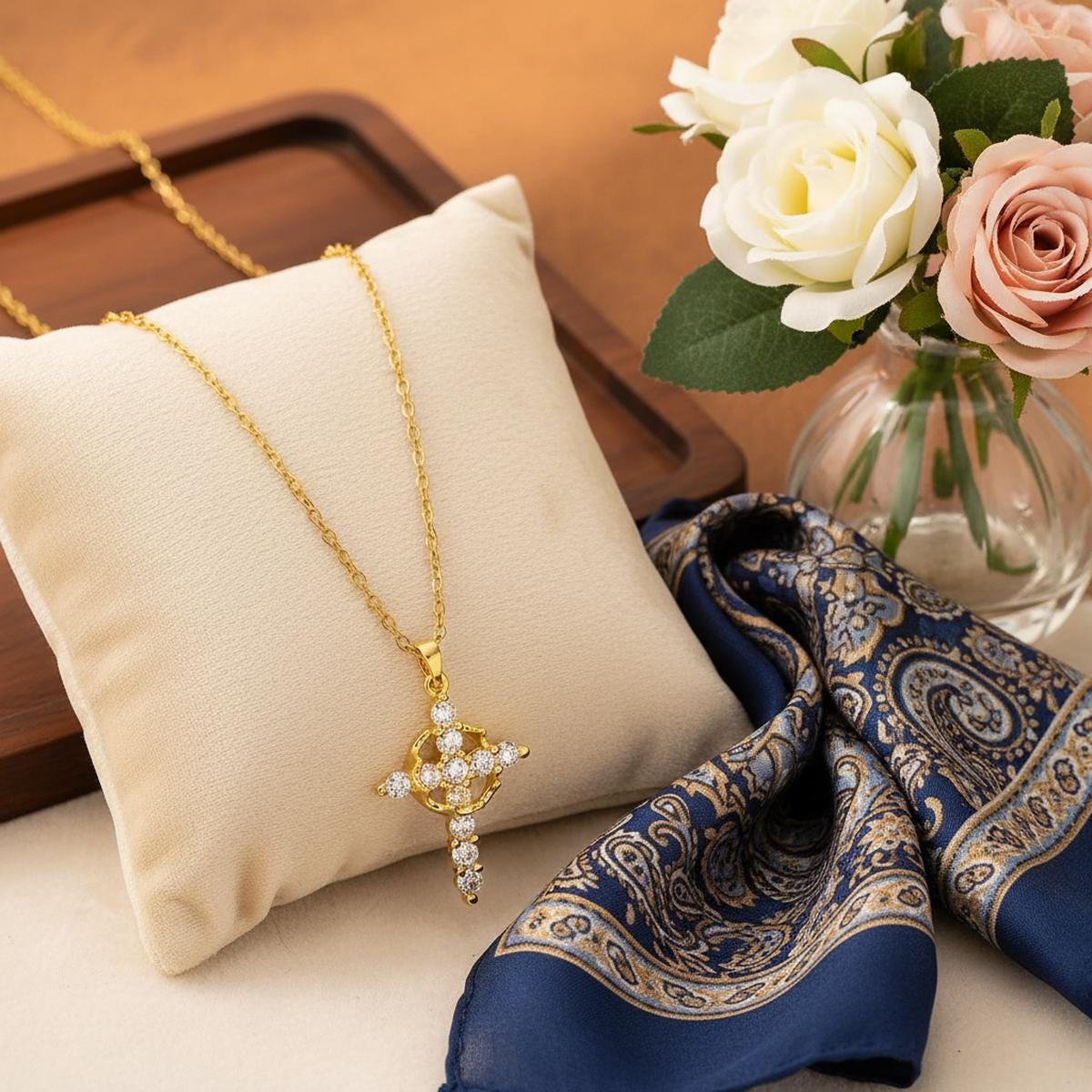 Cubic Zirconia Cross Necklace, Gold Silver Christian Pendant, Faith Jewelry Gift for Her