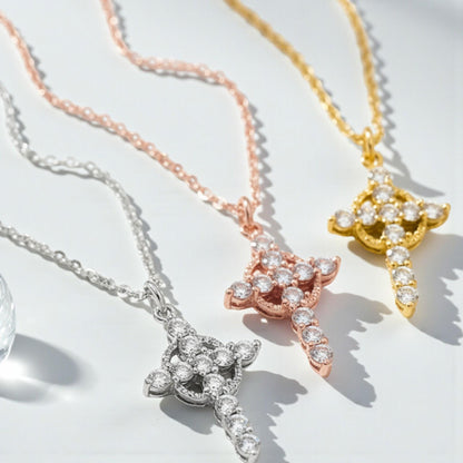Cubic Zirconia Cross Necklace, Gold Silver Christian Pendant, Faith Jewelry Gift for Her