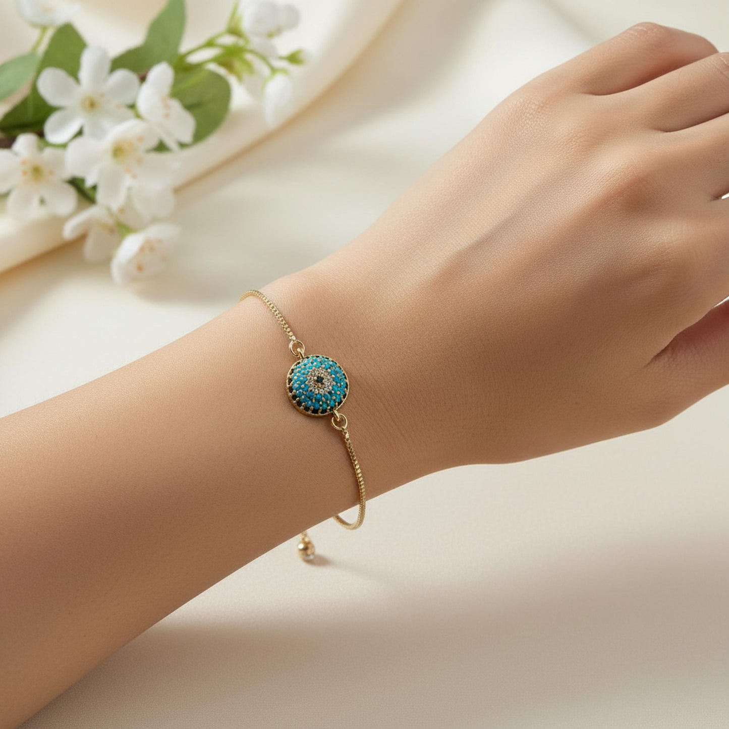 Evil Eye Adjustable Bracelet – Gold Slider Bracelet – Protection Jewelry