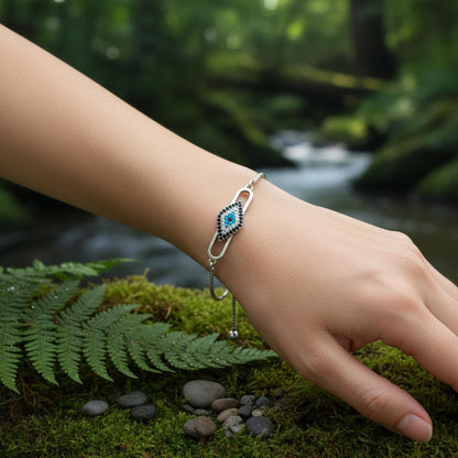 Evil Eye Adjustable Bracelet – Silver Slider Bracelet – Minimalist Protection Jewelry