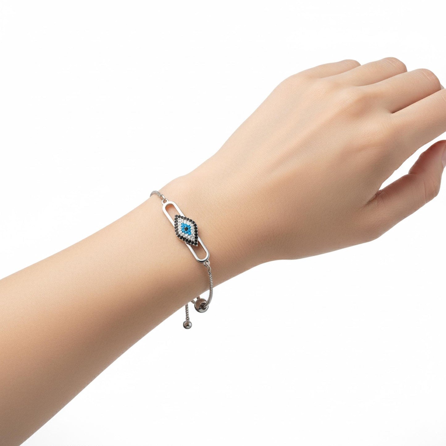 Evil Eye Adjustable Bracelet – Silver Slider Bracelet – Minimalist Protection Jewelry