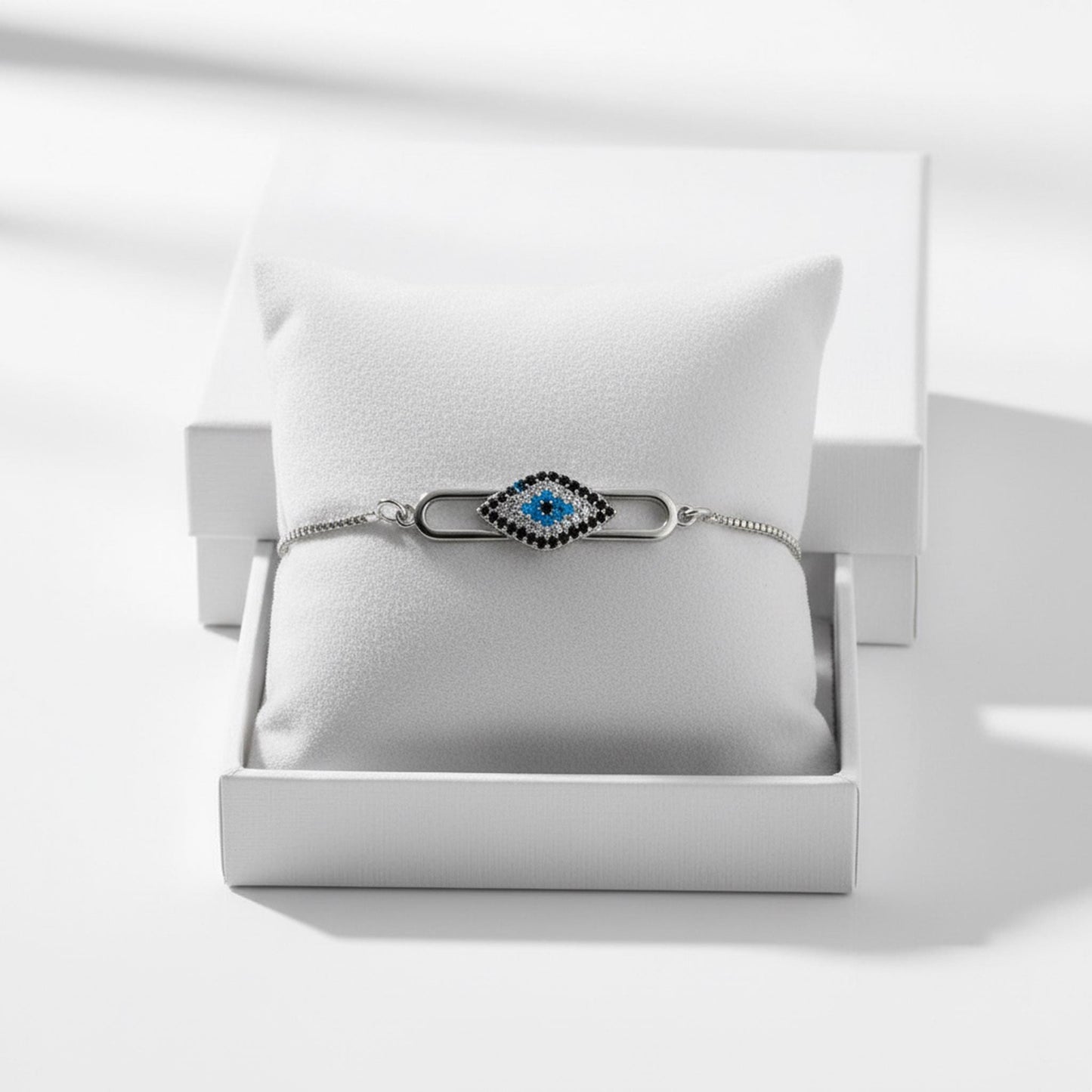 Evil Eye Adjustable Bracelet – Silver Slider Bracelet – Minimalist Protection Jewelry