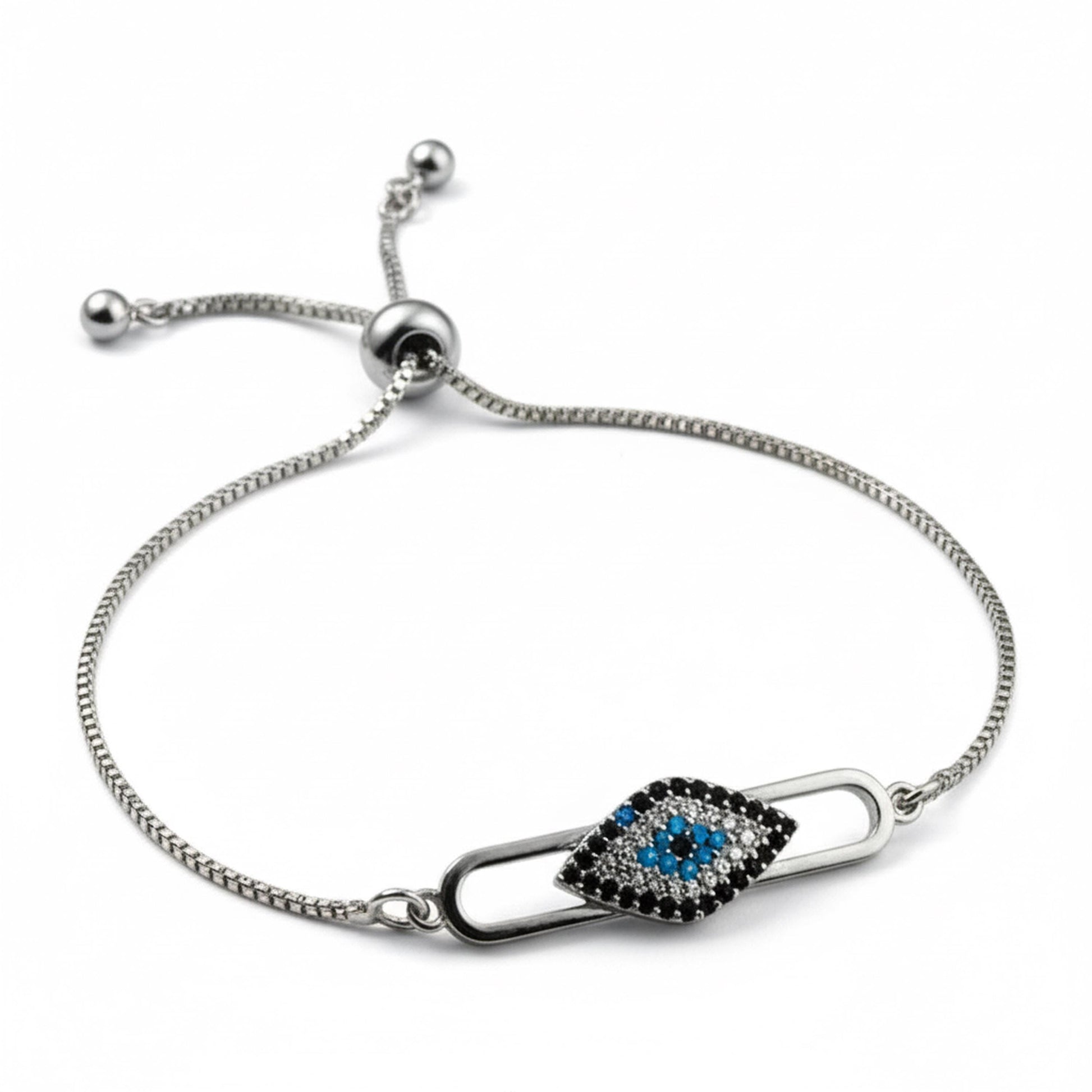 Evil Eye Adjustable Bracelet – Silver Slider Bracelet – Minimalist Protection Jewelry
