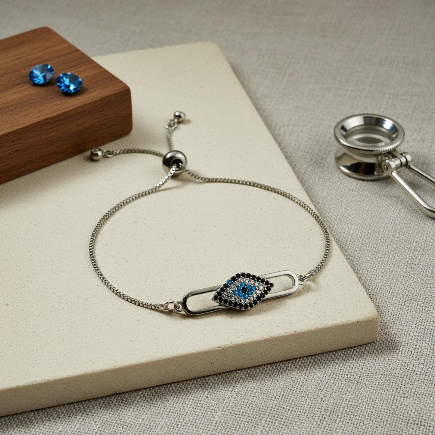 Evil Eye Adjustable Bracelet – Silver Slider Bracelet – Minimalist Protection Jewelry