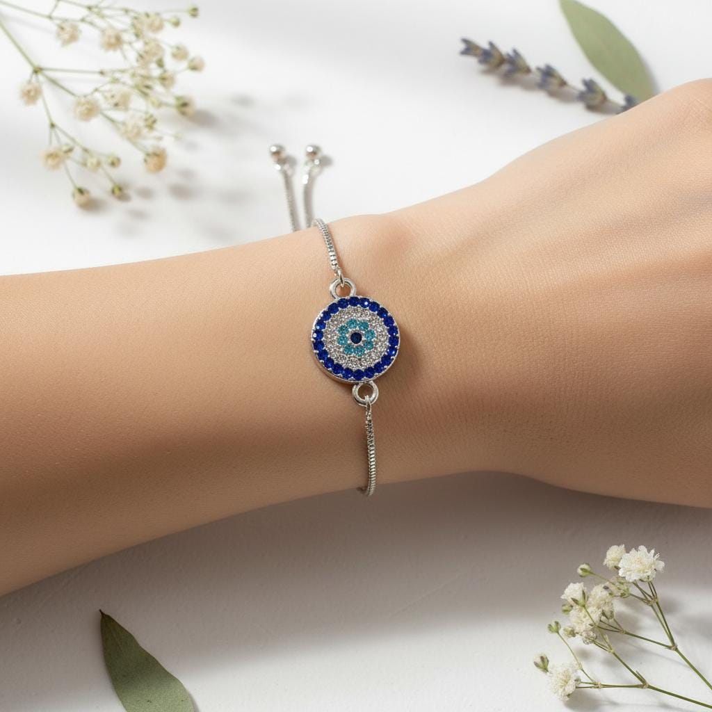 Evil Eye Adjustable Bracelet – Silver Slider Bracelet – Protection Jewelry