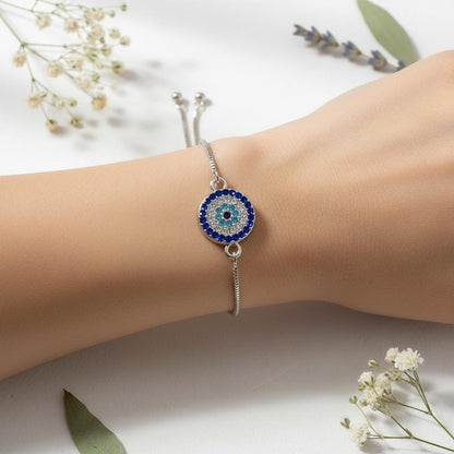 Evil Eye Adjustable Bracelet – Silver Slider Bracelet – Protection Jewelry