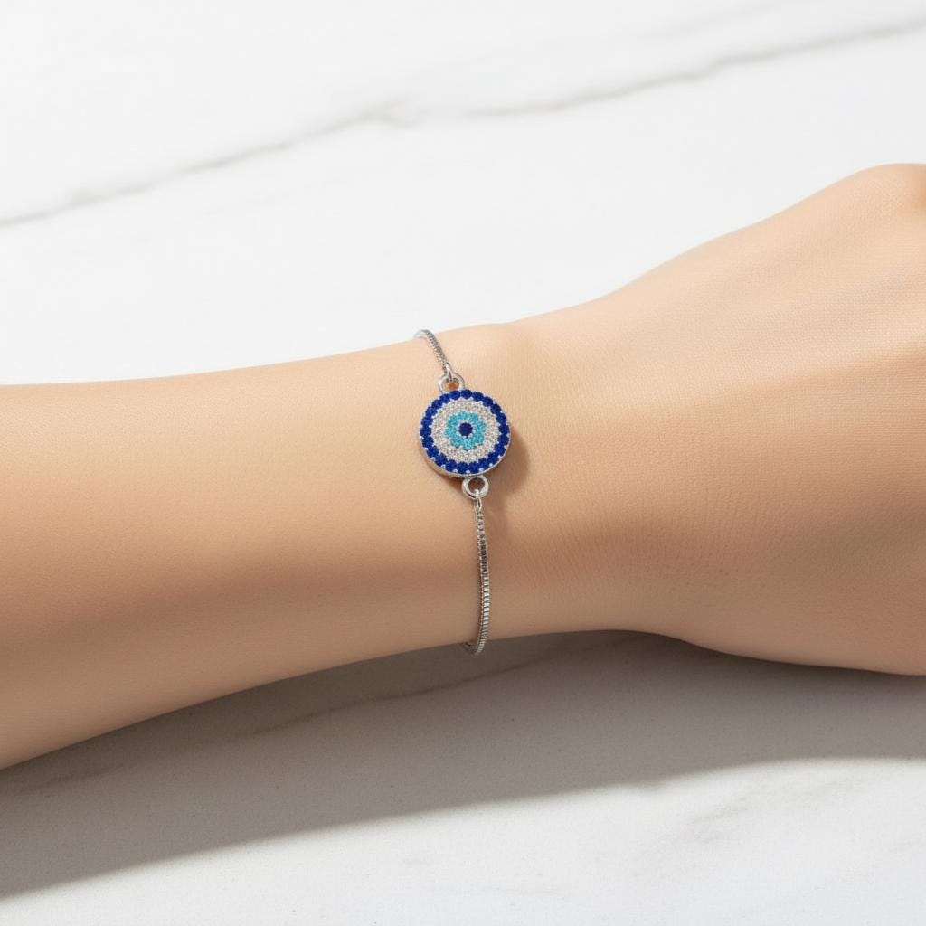 Evil Eye Adjustable Bracelet – Silver Slider Bracelet – Protection Jewelry