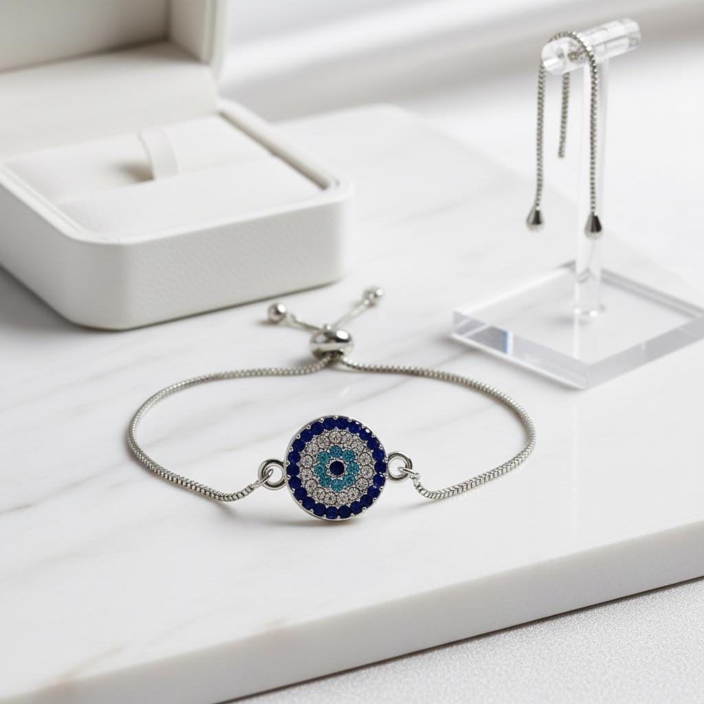 Evil Eye Adjustable Bracelet – Silver Slider Bracelet – Protection Jewelry